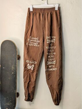 Lonely Ghost Brown Men's Sweatpants Size Small with Embroidered Text and Pictu